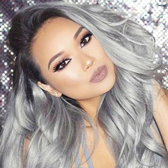 Silver Grey Lace Front Wigs Long Wavy Synthetic Hair - Picture 4 of 6